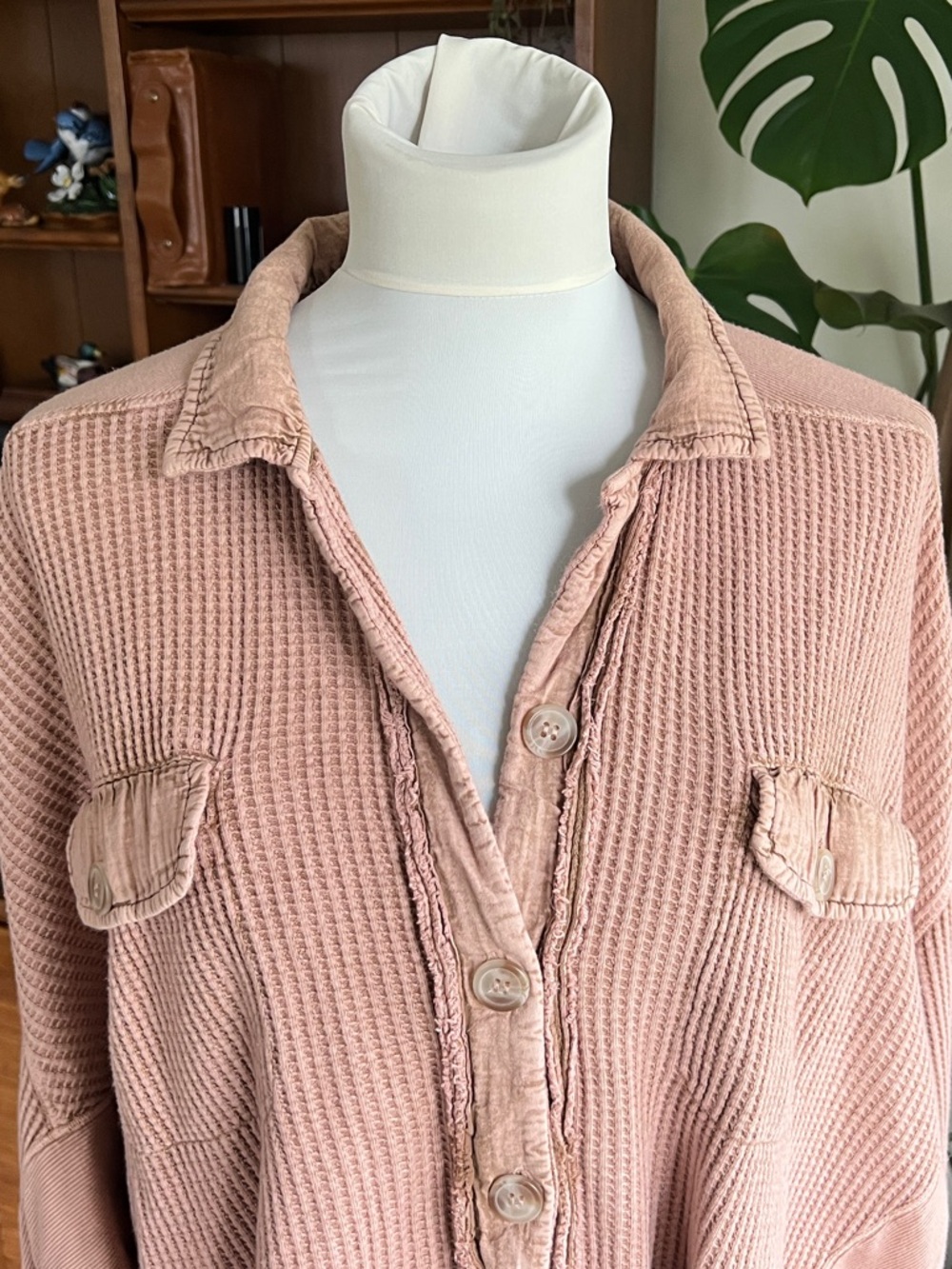 Free People Scout Bunny Dusty Rose Button-Up Waffle Knit Shacket Oversized XS - Picture 4 of 13